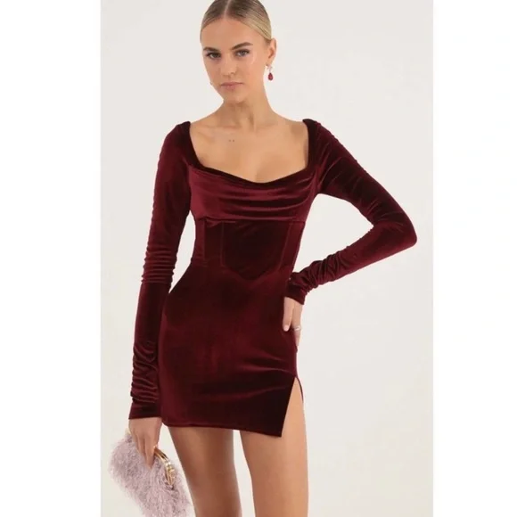 lucy in the sky long sleeve dress Pete + Magical Toodle Treasures flattering ruched detailing Red Velvet Long Sleeve Dress